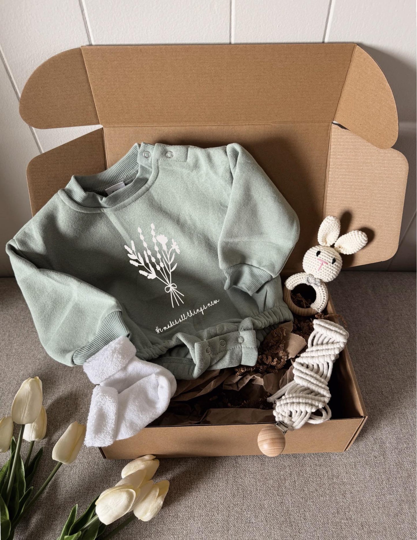 Personalized Baby Gift Bundle / Custom Infant Romper, Custom Socks, Rattle, Pacifier Clip, Easy Gifts, Gift Box for Boy, Gift Box for Girl