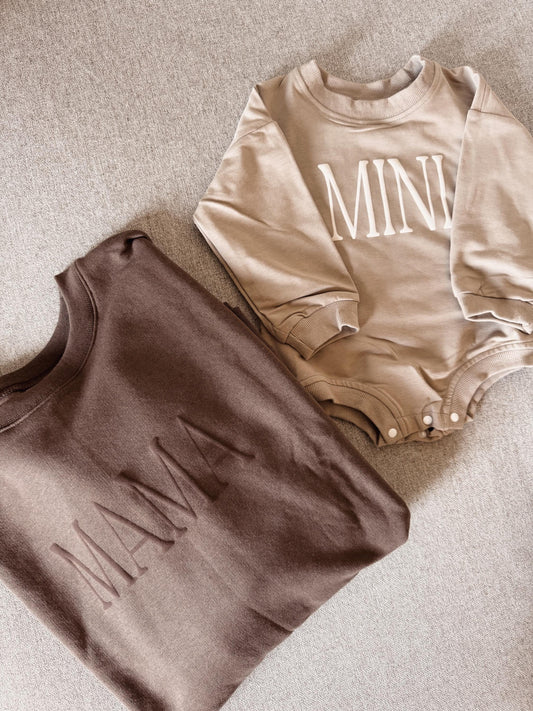 Personalized Mommy and Me Matching Puff Vinyl Apparel / Crewneck, Bubble Romper, Mama, Mini, Custom, Neutral, Sleeve Customization