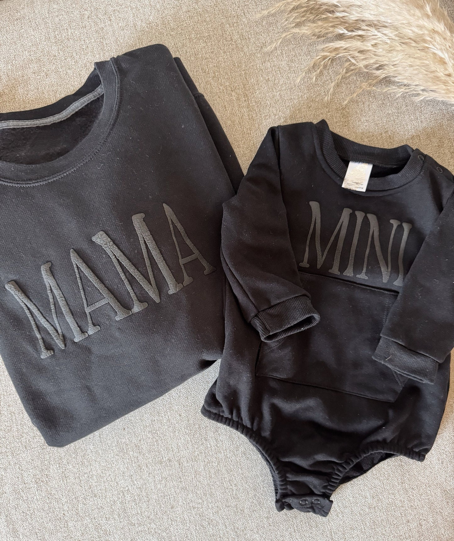 Personalized Mommy and Me Matching Puff Vinyl Apparel / Crewneck, Bubble Romper, Mama, Mini, Custom, Neutral, Sleeve Customization