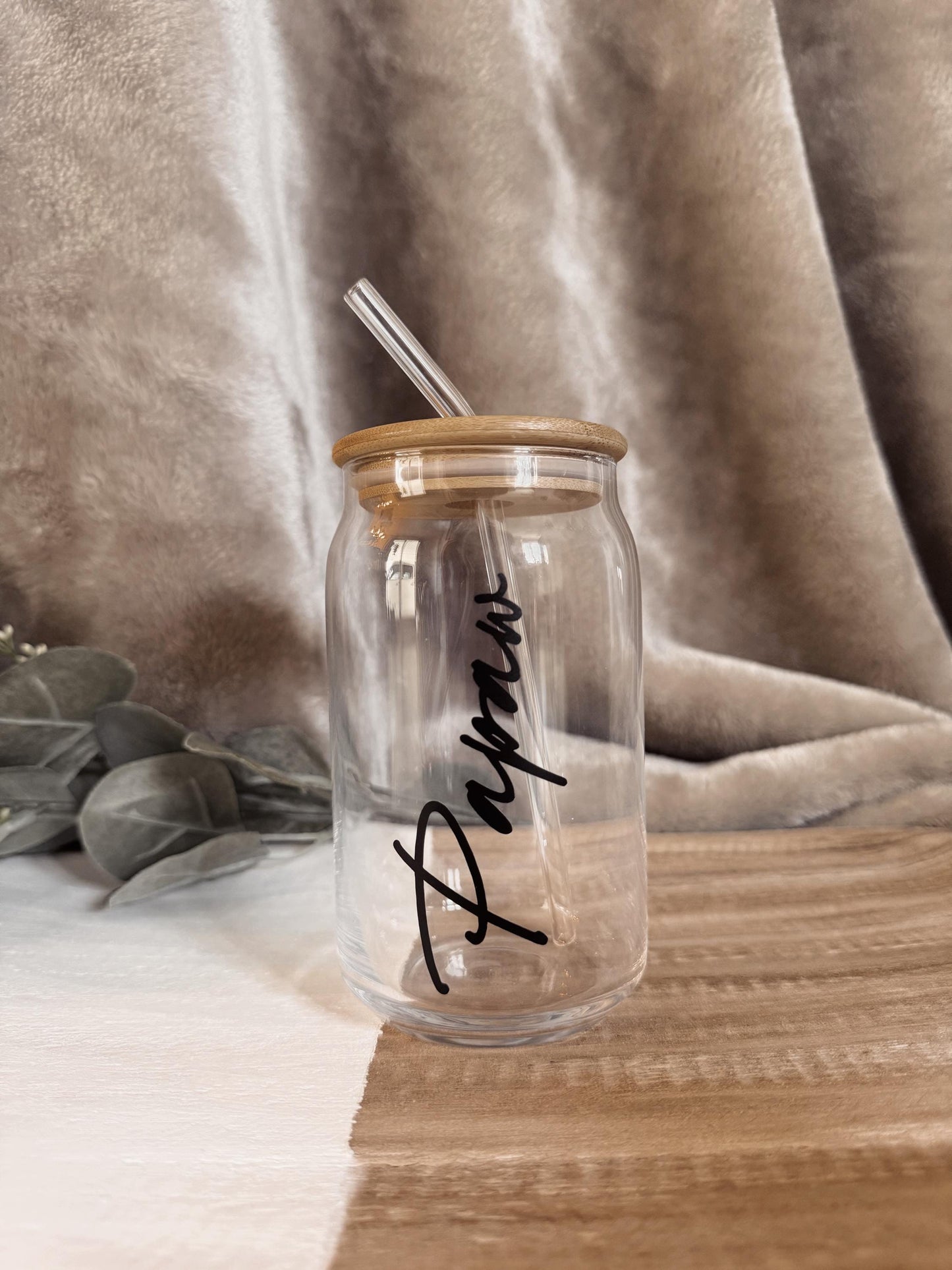 Personalized Mason Jar Coffee Cup / Simple Name: Glass Straw & Bamboo Lid
