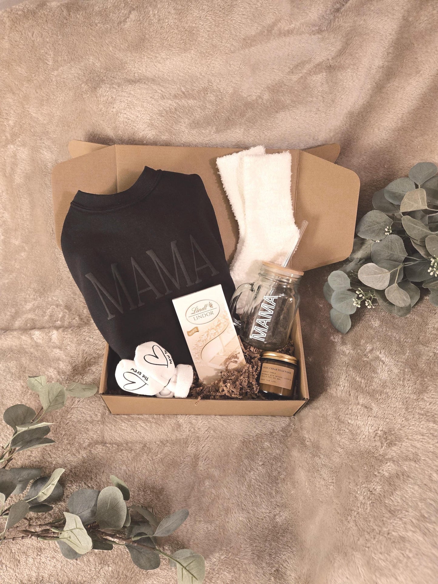 New Mama Gift Box: Personalized Crewneck, Socks & Candle Set