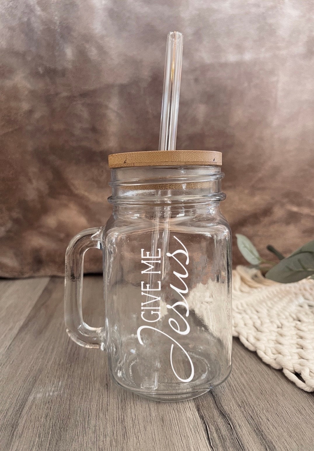 Custom Christian Coffee Cup: Personalized Verse, Glass Straw with Bamboo Lid, Faith Gifts
