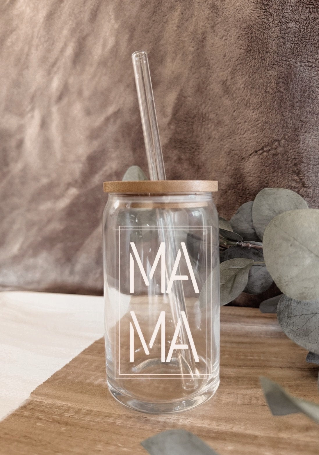 Personalized Mama Mason Jar: Glass Straw & Bamboo Lid