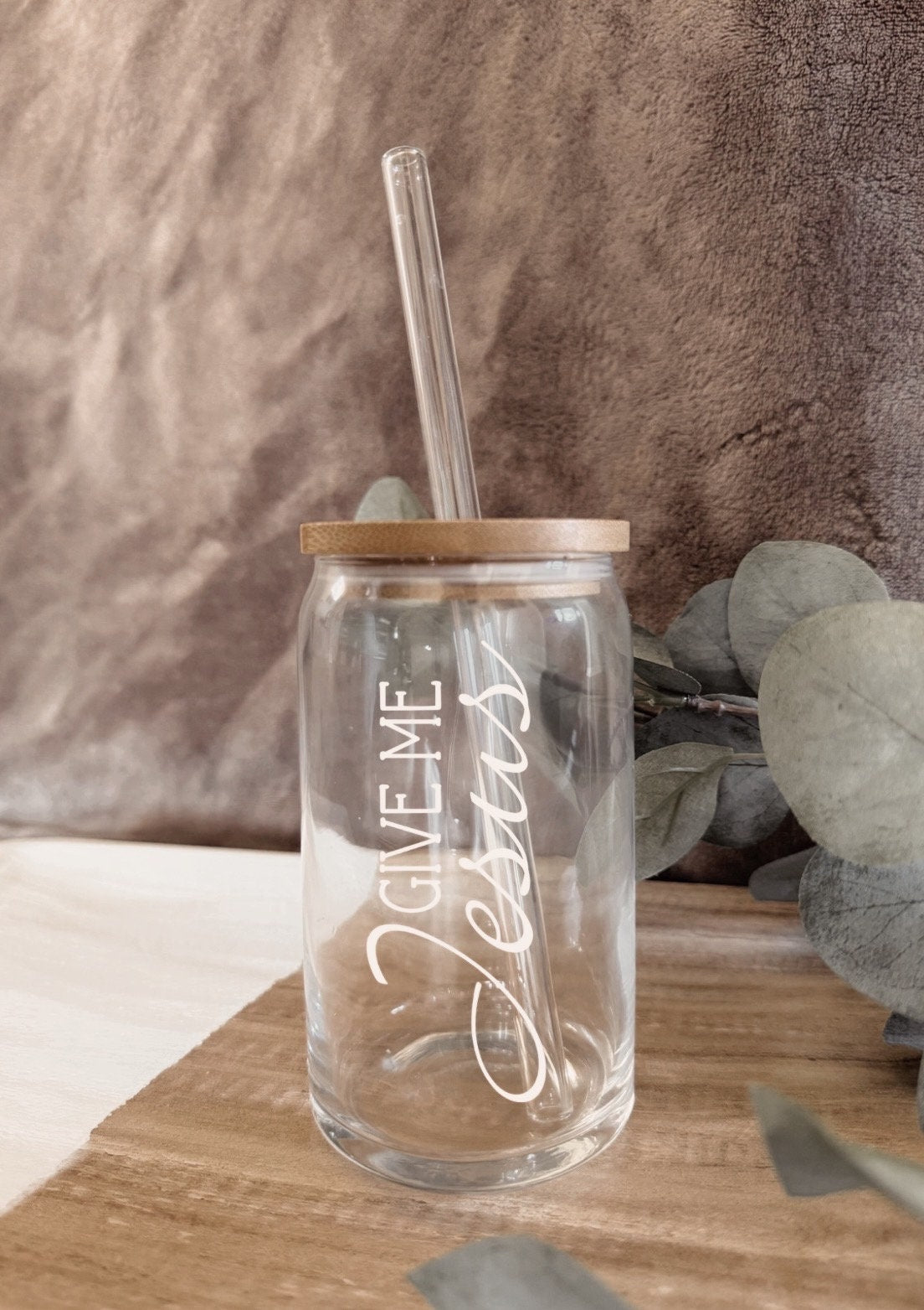 Custom Christian Coffee Cup: Personalized Verse, Glass Straw with Bamboo Lid, Faith Gifts