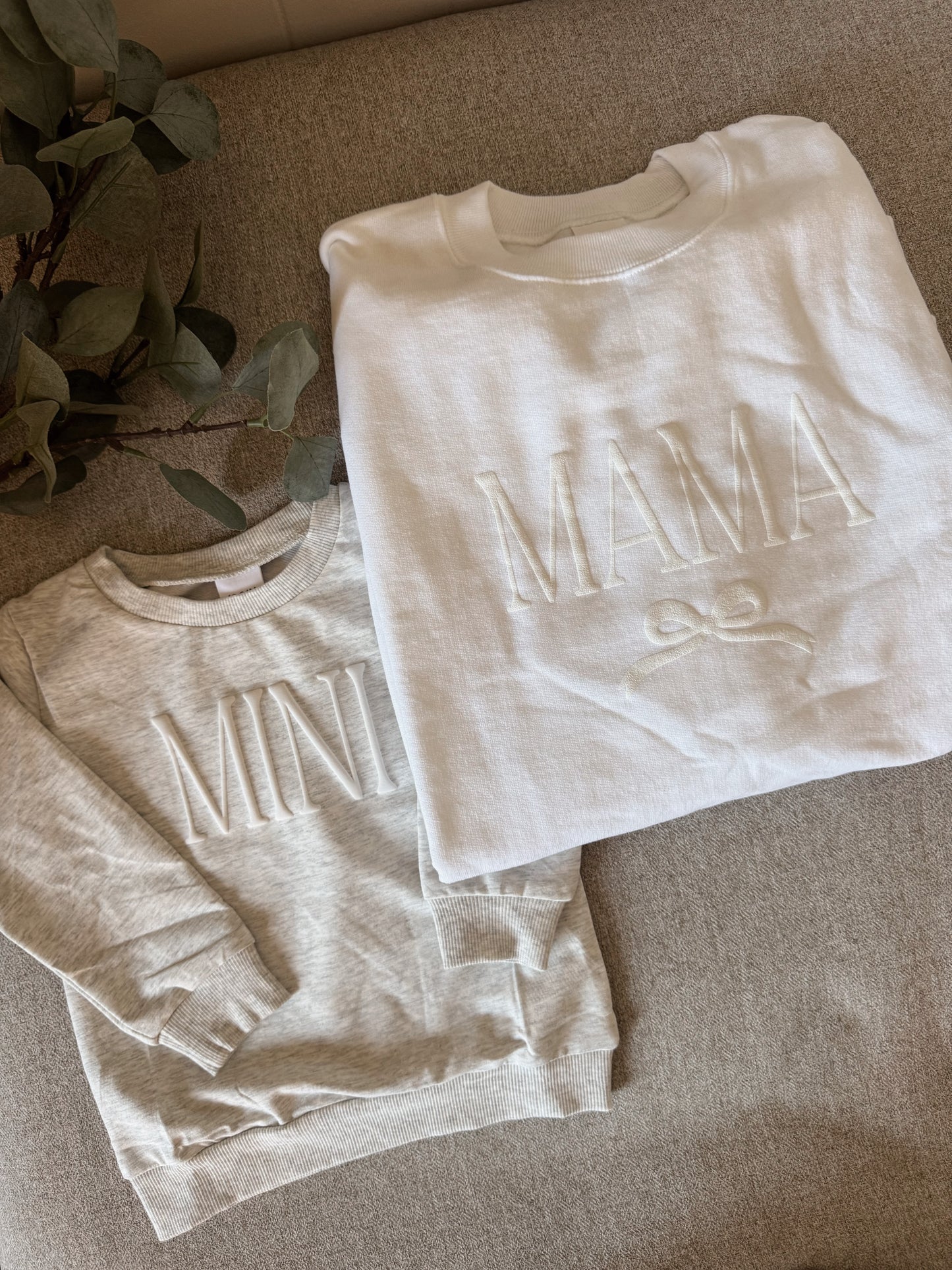 Personalized Mommy and Me Matching Puff Vinyl Apparel / Crewneck, Bubble Romper, Mama, Mini, Custom, Neutral, Sleeve Customization
