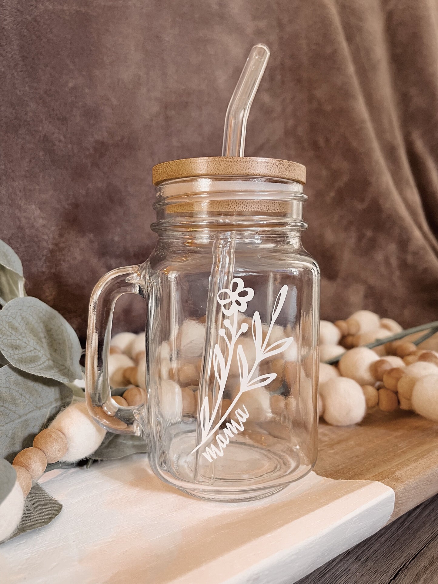 Personalized Mason Jar Coffee Cup: Glass Straw & Bamboo Lid