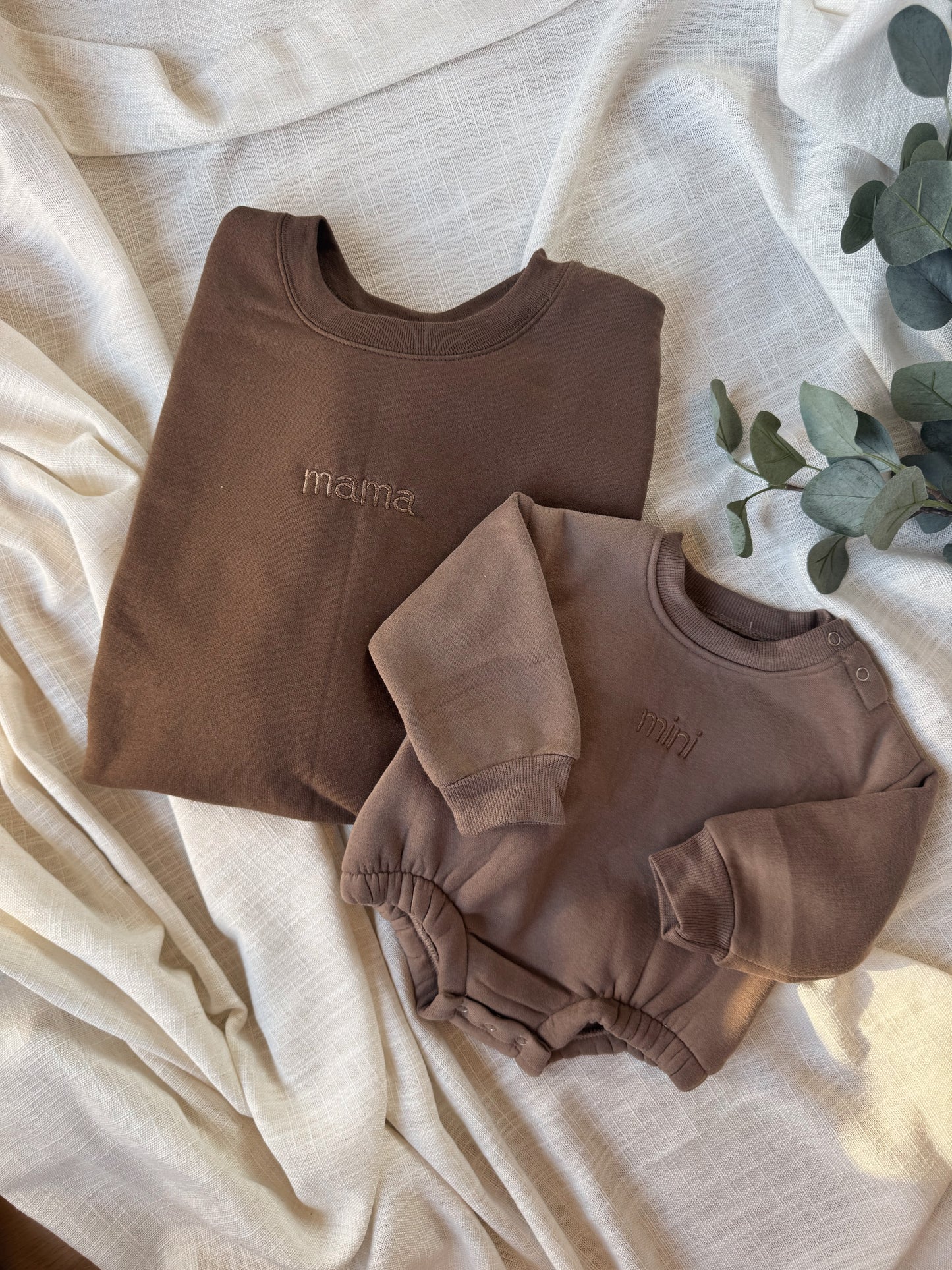 Personalized Mommy and Me Matching Embroidered Apparel / Crewneck, Bubble Romper, Mama, Mini, Custom, Neutral, Sleeve Customization