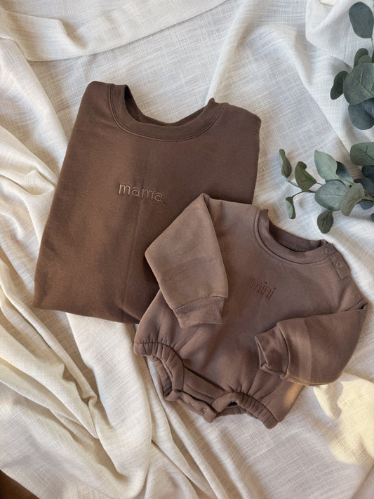 Personalized embroidered mommy and me matching crewneck and infant bubble romper set — mama and mini gift