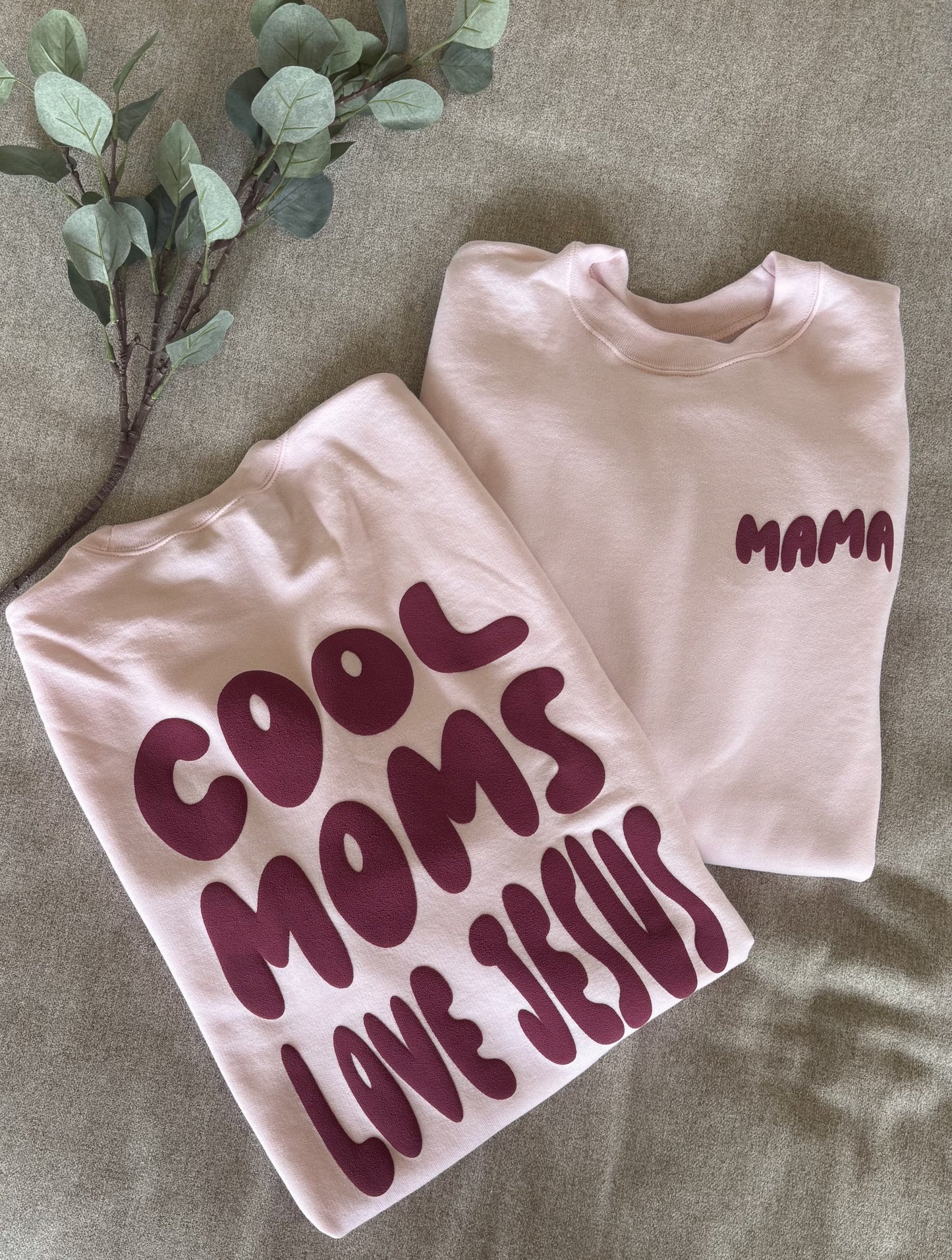 Personalized Mama Sweatshirt: 'Cool Moms Love Jesus', Custom Sleeve Name, Christian Apparel, Puff Vinyl, Front/Back Design
