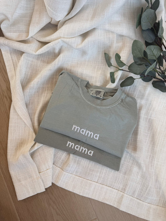 Embroidered Mama & Dad Shirts — Custom Comfort Colors Tee, Neutral Family Gift