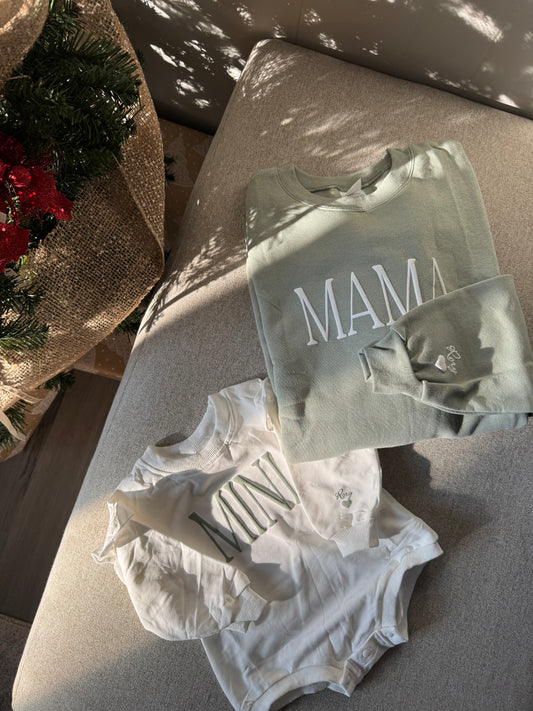 Personalized Mama and Mini Gift Bundle / Custom Crewneck, Infant Romper, Mommy and Me Apparel, Candle, Chocolate, Easy Gifts for Her
