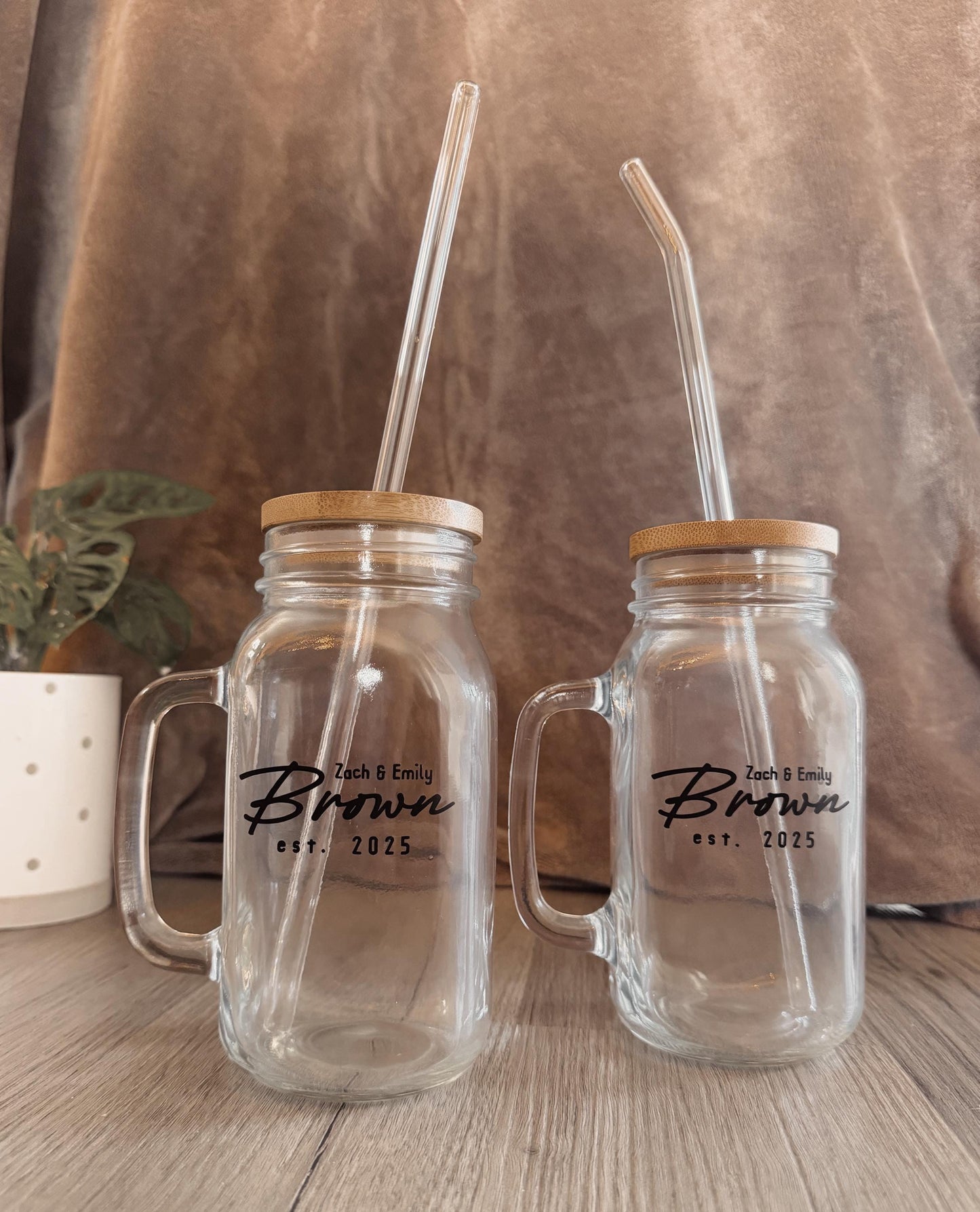 Personalized Couples Coffee Cup / 16oz, 24oz / Glass Jar with Bamboo Lid