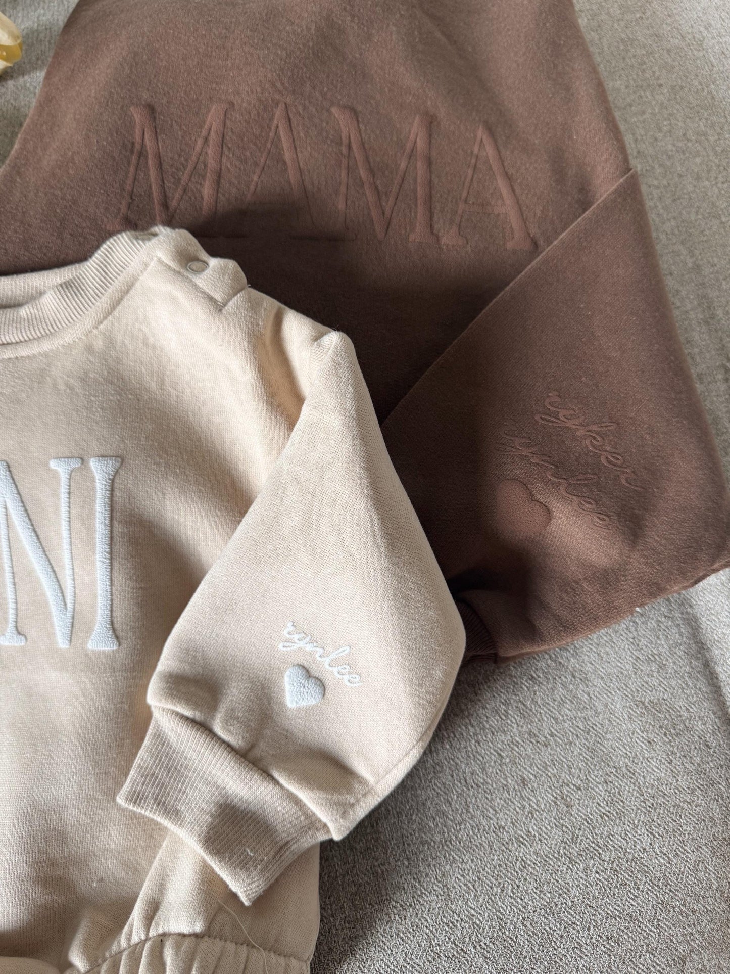 Personalized Mommy and Me Matching Puff Vinyl Apparel / Crewneck, Bubble Romper, Mama, Mini, Custom, Neutral, Sleeve Customization