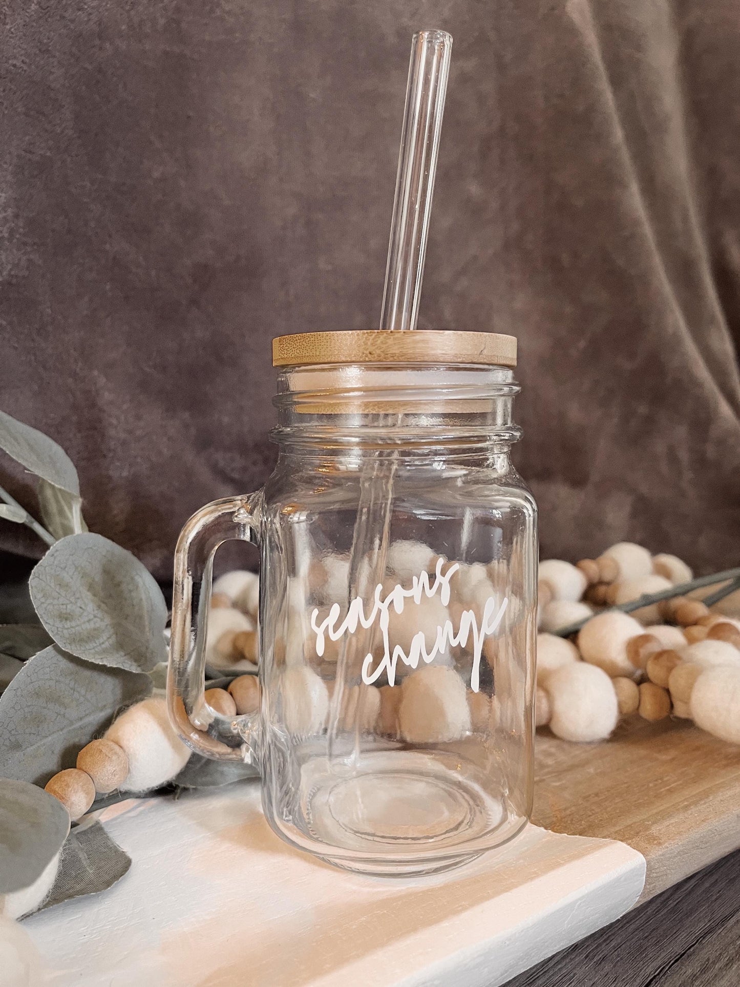 Customized Mason Jar // Glass Straw & Bamboo Lid, Custom Glass Tumbler