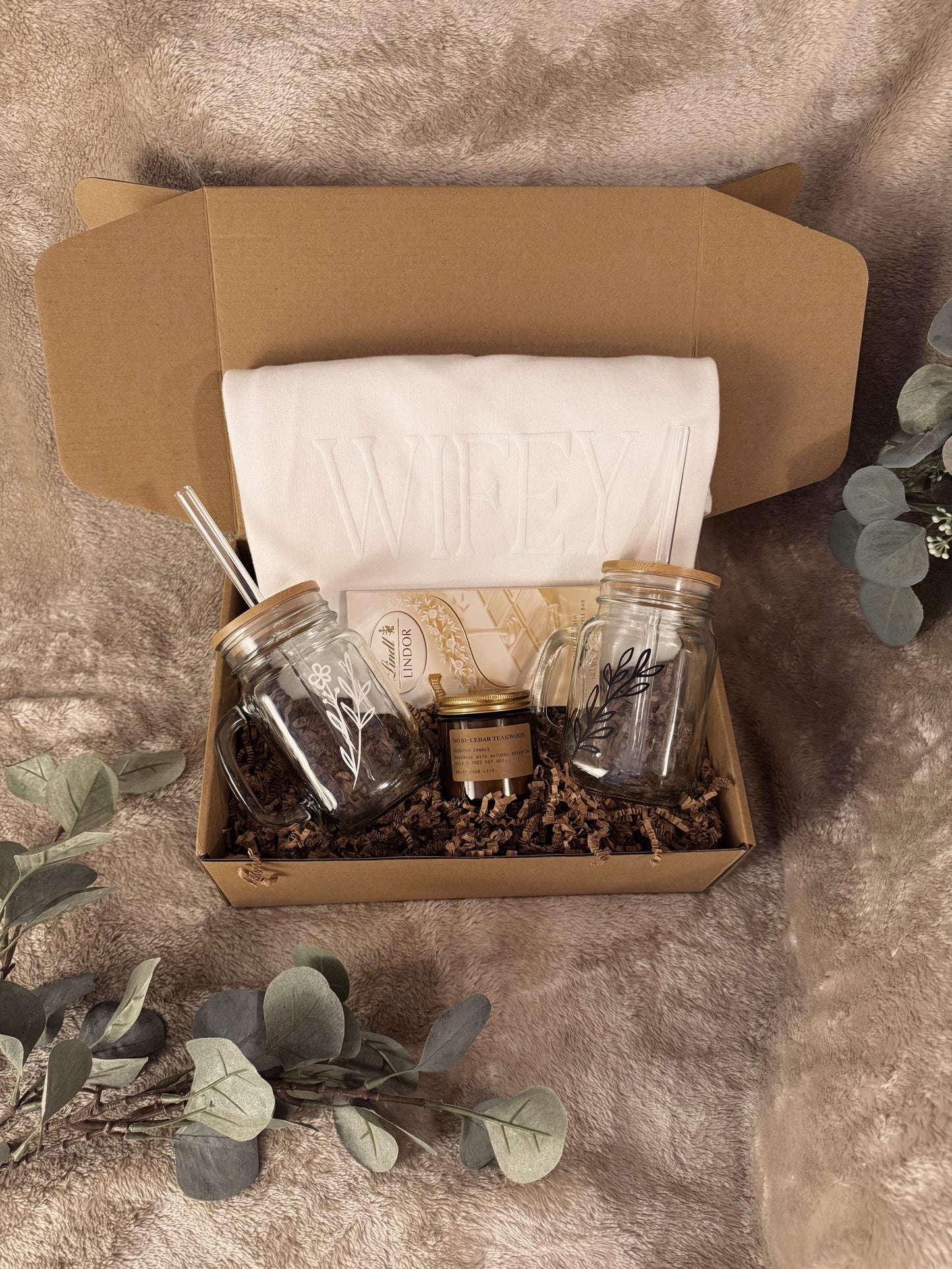 Personalized Wifey Gift Box // Bridal Shower Gift, Custom Crewneck, Scented Candle, Custom Glass Tumblers with Handle, Gifts for Her