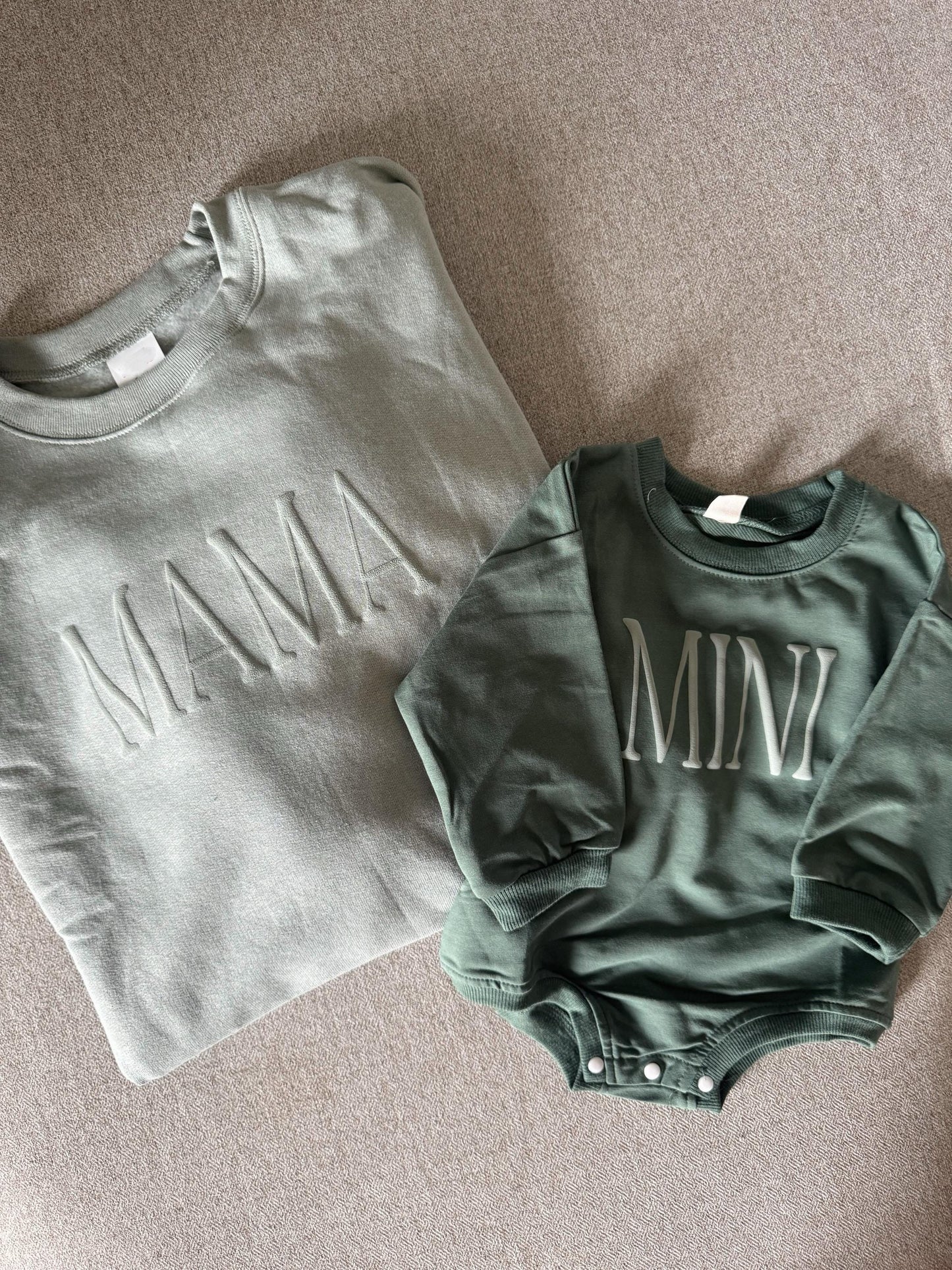 Personalized Mommy and Me Matching Puff Vinyl Apparel / Crewneck, Bubble Romper, Mama, Mini, Custom, Neutral, Sleeve Customization