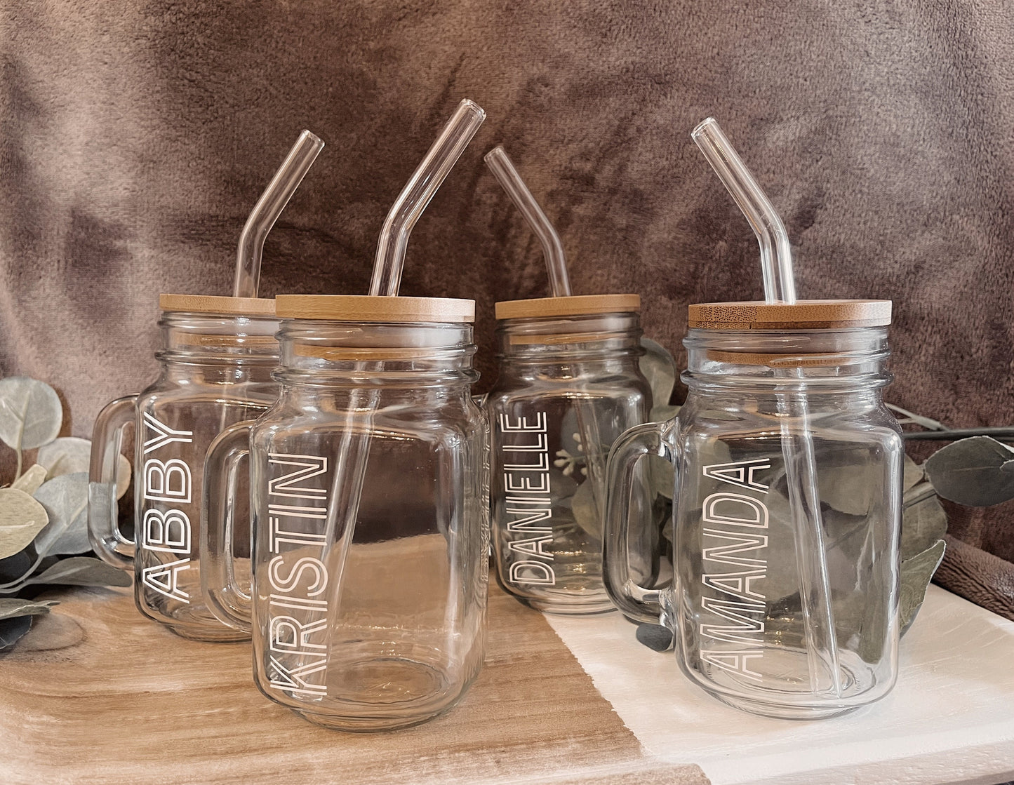 Personalized Bridesmaid Mason Jar: Glass Straw with Bamboo Lid, Coffee Tumbler, Bachelorette Gifts
