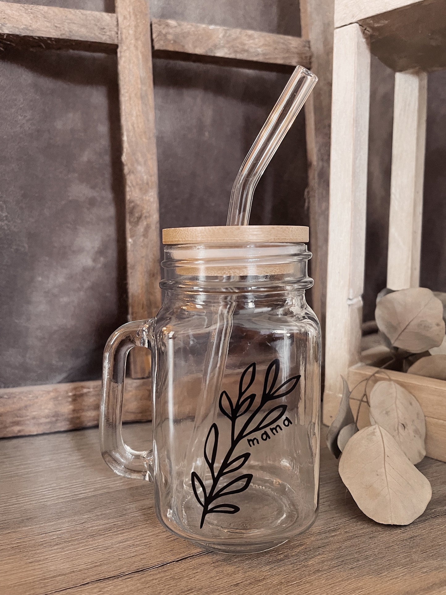 Personalized Mason Jar Coffee Cup: Glass Straw & Bamboo Lid
