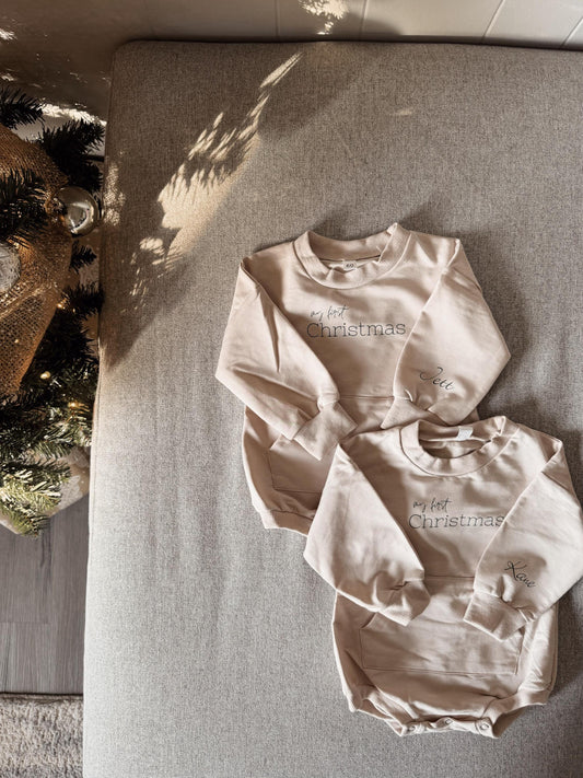 Personalized Baby Clothing / Baby’s First Christmas, Sweatshirt Bubble Romper, Outfits, Custom Name Sleeve