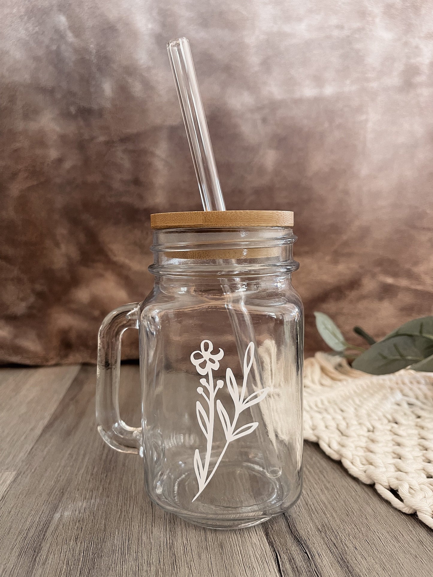 Personalized Mason Jar Coffee Cup: Glass Straw & Bamboo Lid