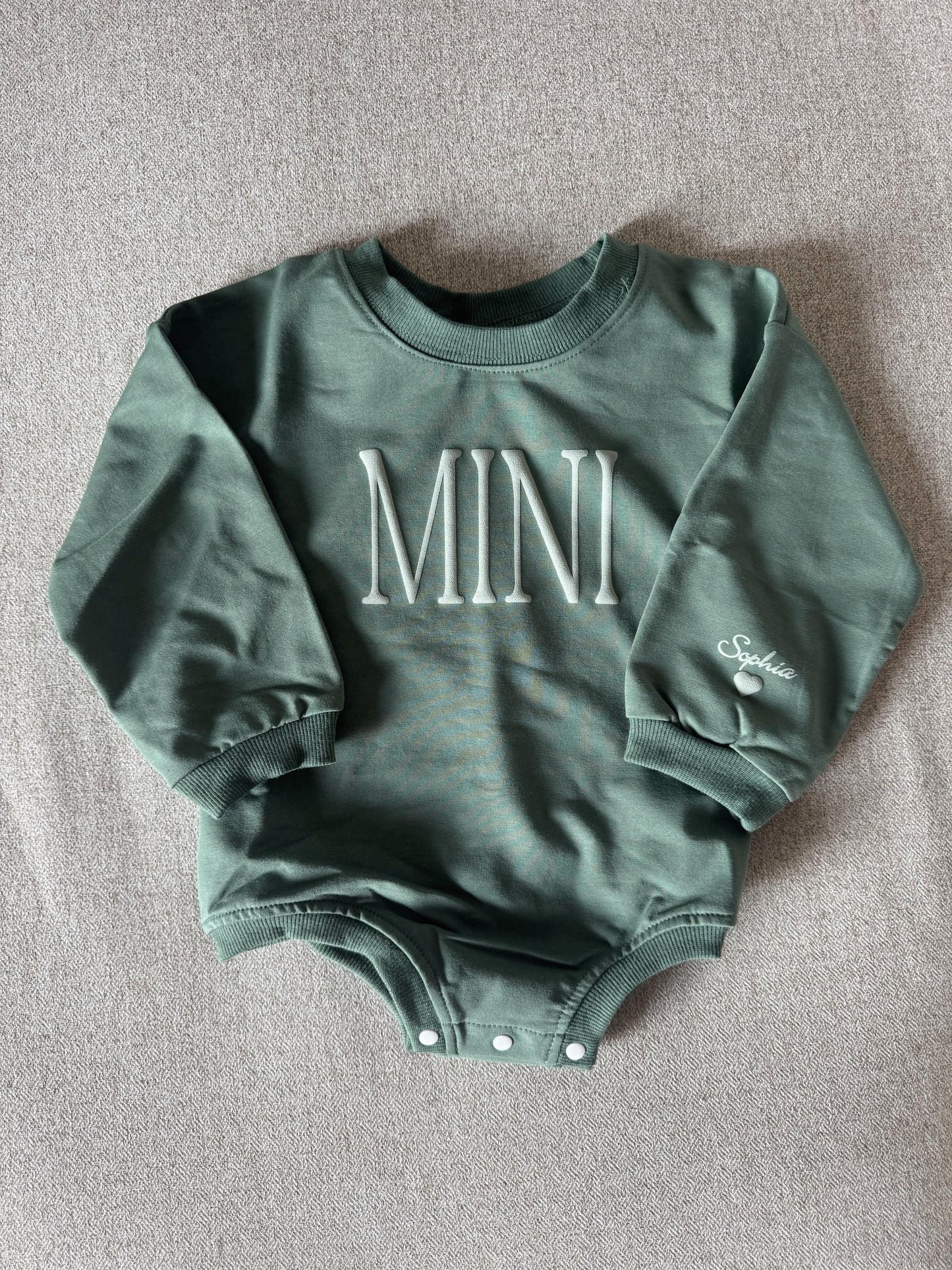 Personalized Mini Puff Vinyl Apparel / Crewneck, Bubble Romper, White and Brown, Mama, Mini, Custom, Neutral, Sleeve Customization, New Baby Gift, Match