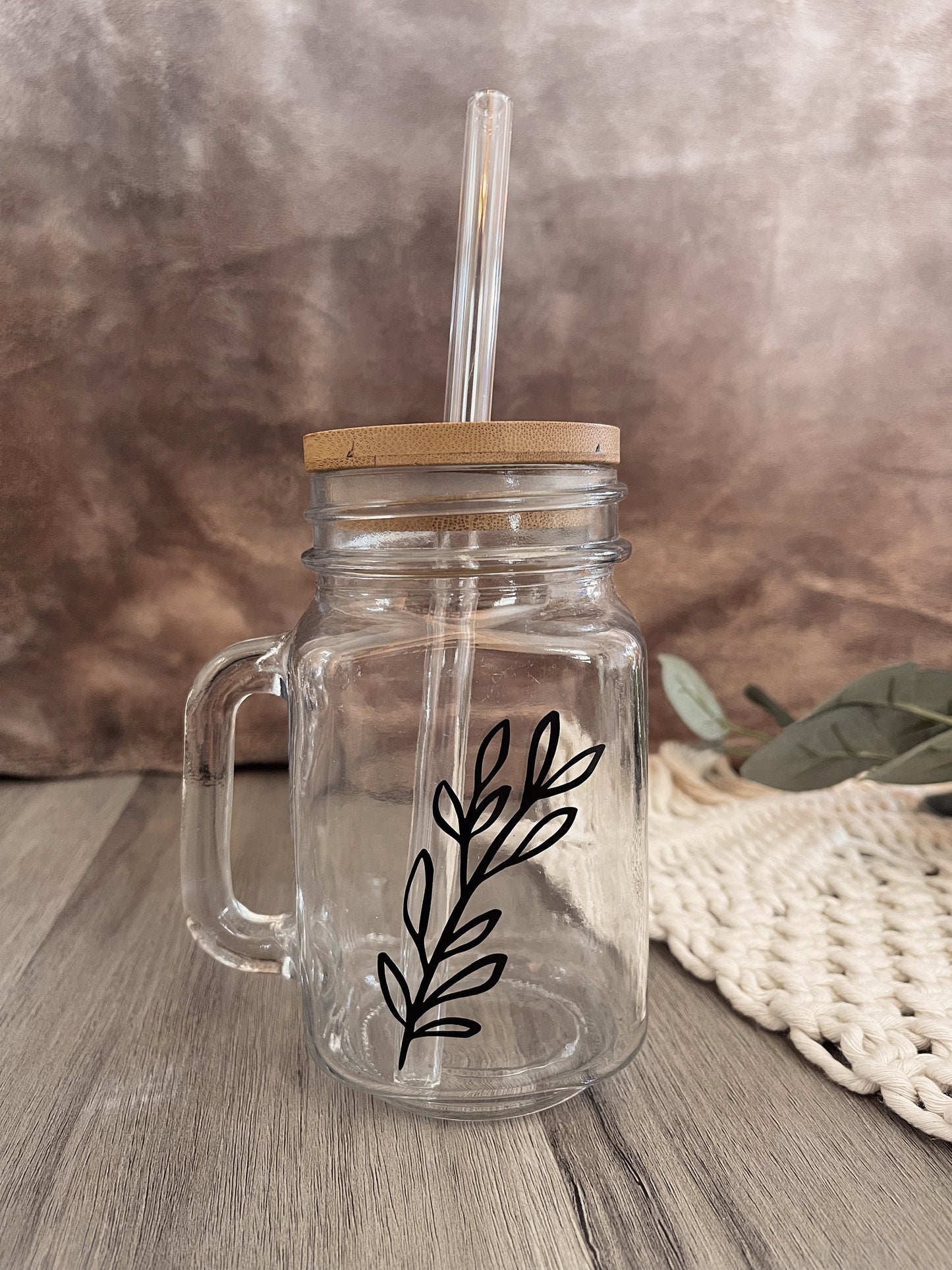 Personalized Mason Jar Coffee Cup: Glass Straw & Bamboo Lid