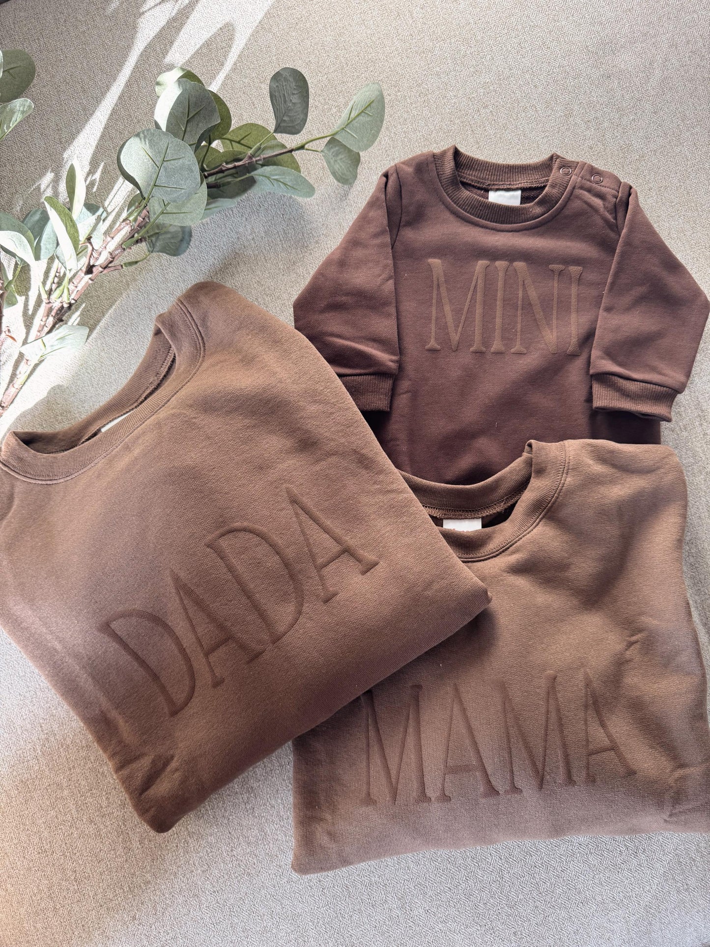 Personalized Matching Puff Vinyl Apparel / Crewneck, Bubble Romper, Mama, Dada, Mini, Grandma, Auntie, Custom, Neutral, Sleeve Customization