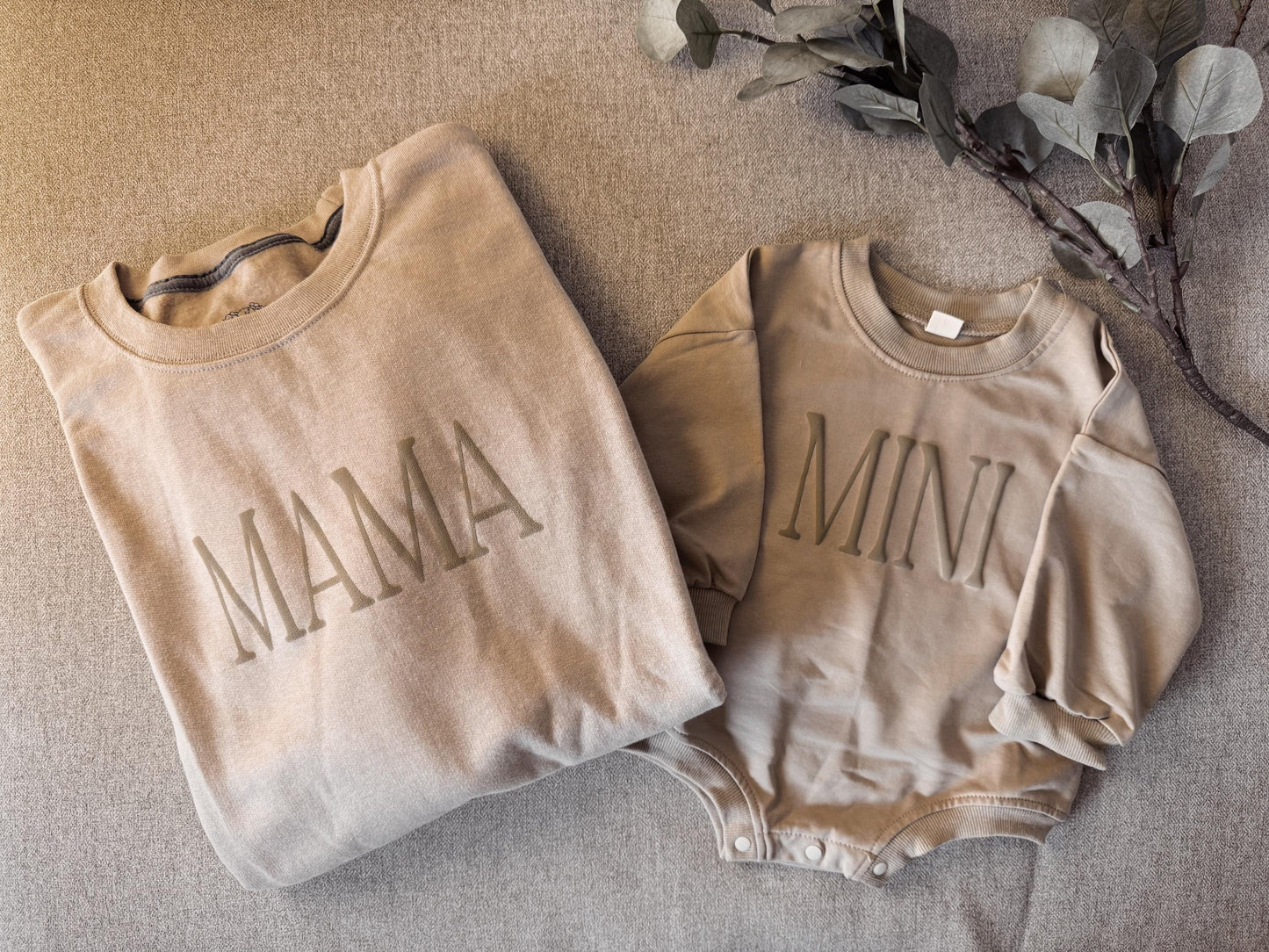 Personalized Mommy and Me Matching Puff Vinyl Apparel / Crewneck, Bubble Romper, Mama, Mini, Custom, Neutral, Sleeve Customization