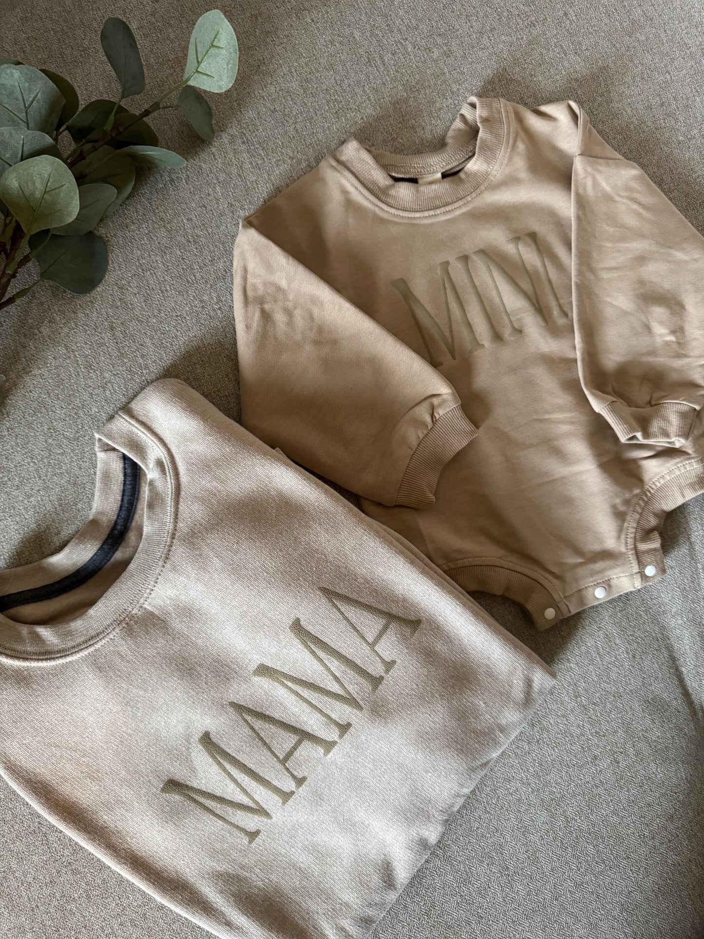 Personalized Mommy and Me Matching Puff Vinyl Apparel / Crewneck, Bubble Romper, Mama, Mini, Custom, Neutral, Sleeve Customization