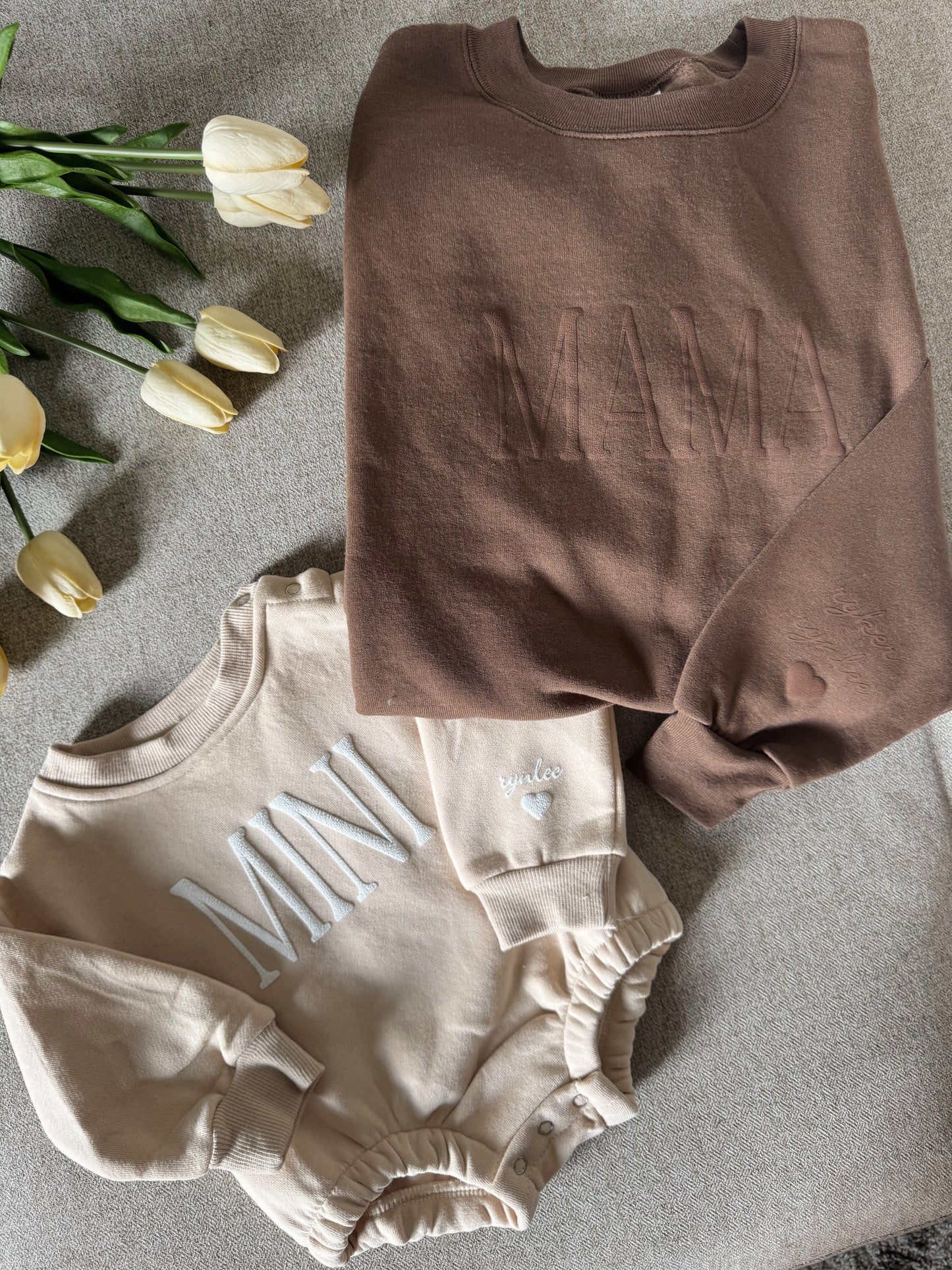 Personalized Mommy and Me Matching Puff Vinyl Apparel / Crewneck, Bubble Romper, Mama, Mini, Custom, Neutral, Sleeve Customization