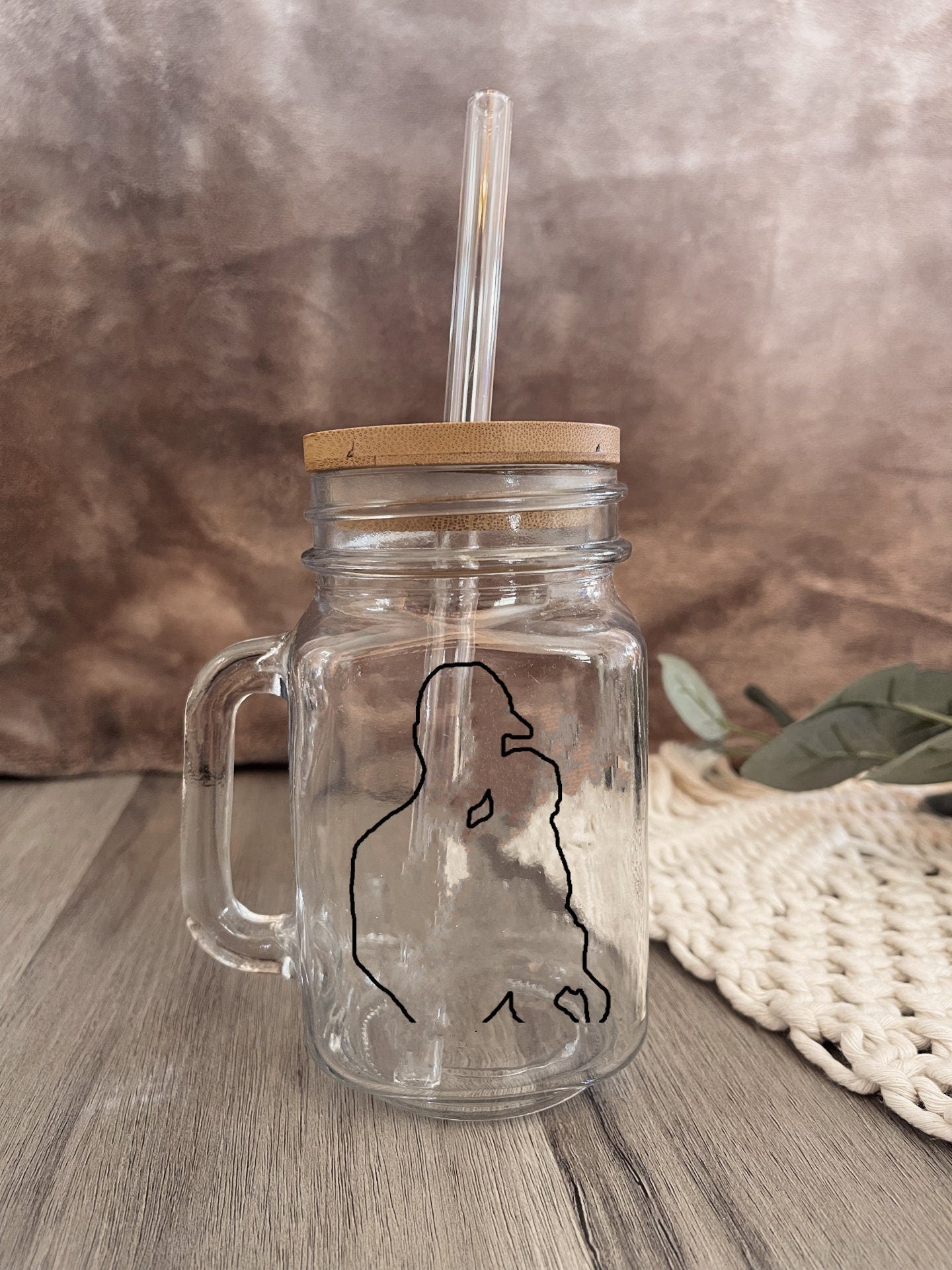 Personalized Silhouette Mason Jar: Glass Straw & Bamboo Lid