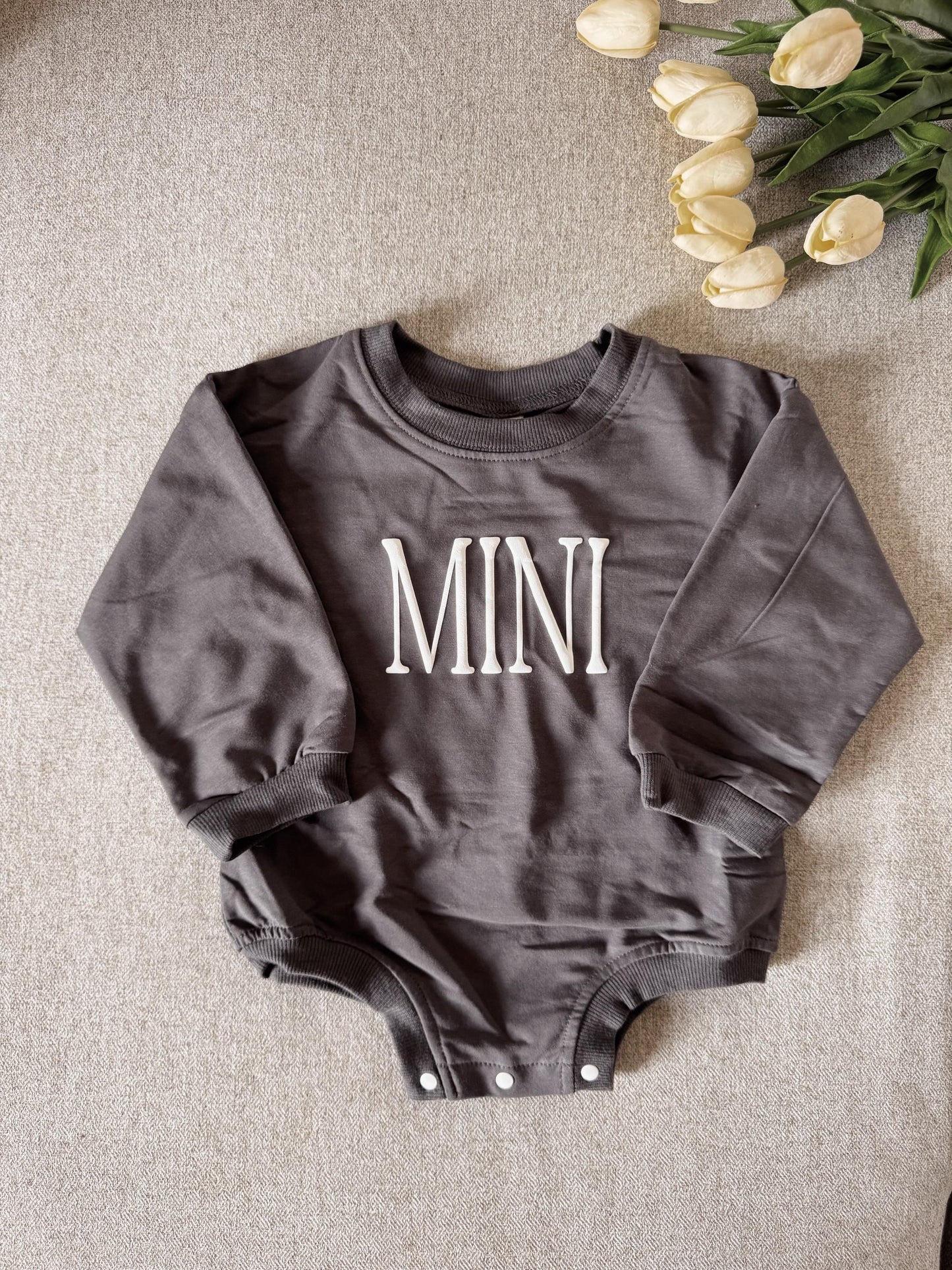 Personalized Baby Name Puff Vinyl Apparel / Crewneck, Bubble Romper, Mama, Mini, Custom, Neutral, Matching Sets, Sleeve Customization