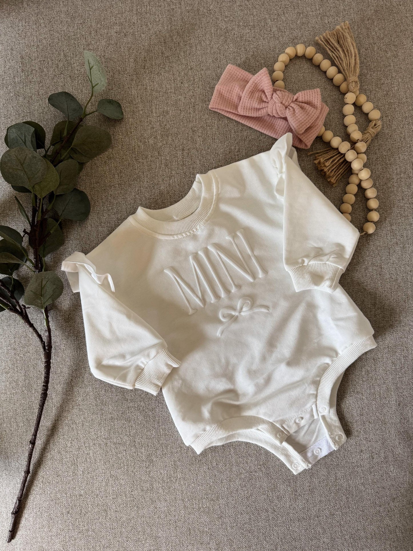 Personalized Mini Bow Puff Vinyl Apparel / Crewneck, Bubble Romper, Mama, Mini, Custom, Neutral, Sleeve Customization, New Baby Gift, Match