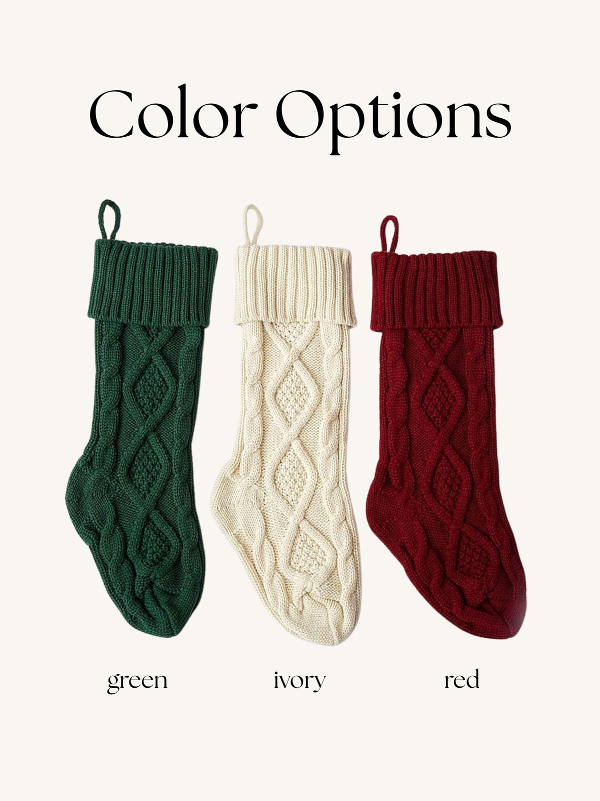 Cable knit Christmas stockings in red, green and ivory
