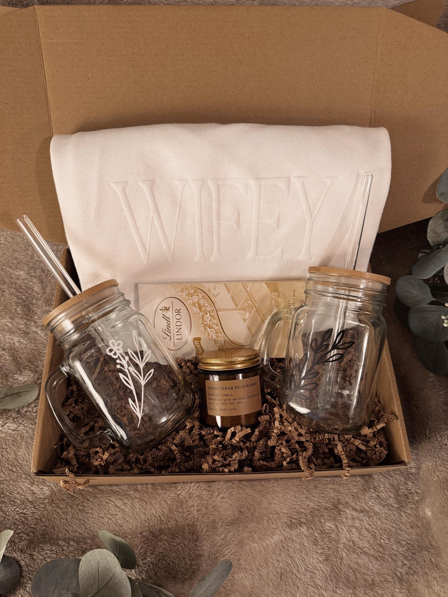 Personalized Wifey Gift Box // Bridal Shower Gift, Custom Crewneck, Scented Candle, Custom Glass Tumblers with Handle, Gifts for Her