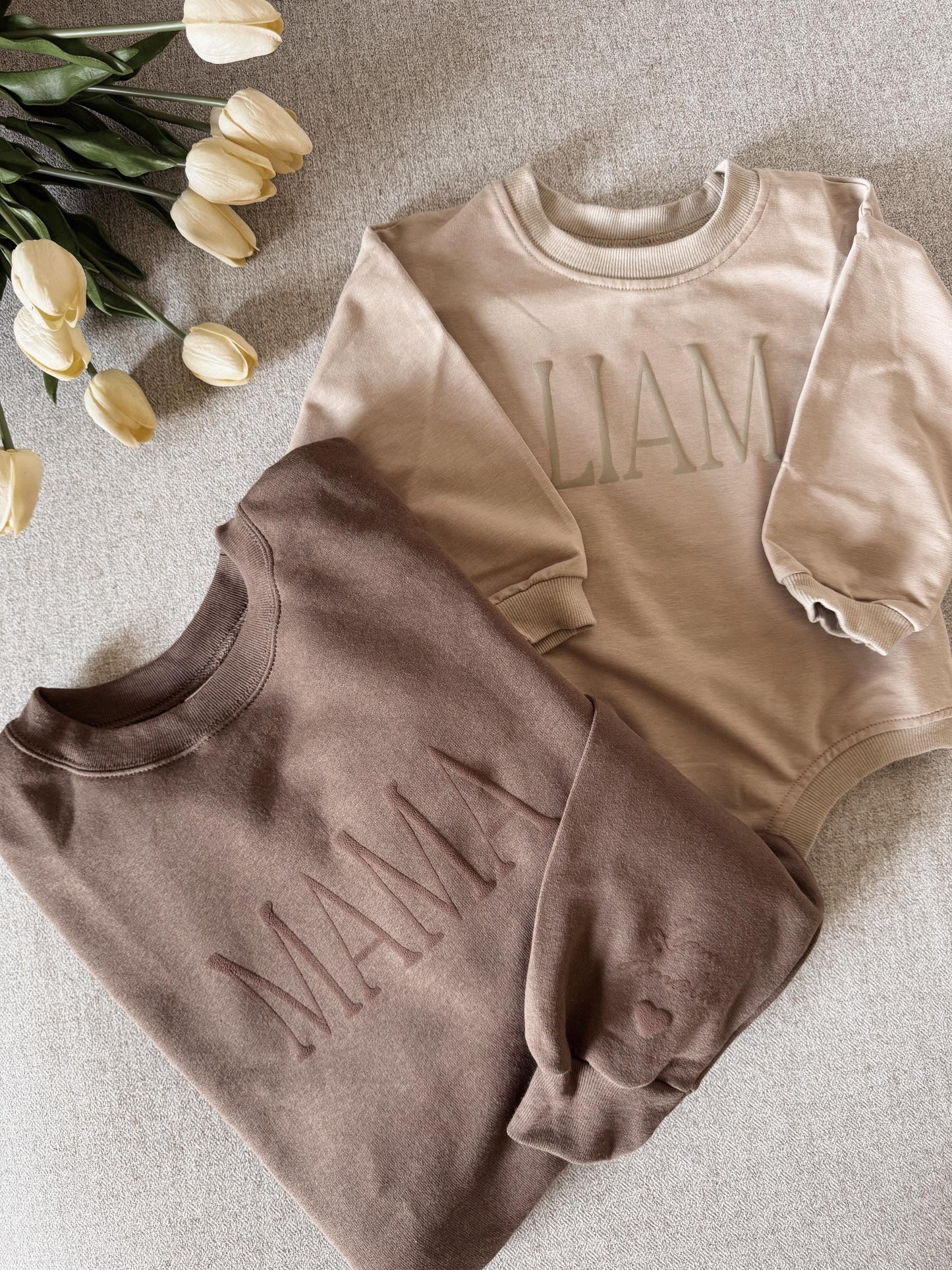 Personalized Matching Puff Vinyl Apparel / Crewneck, Bubble Romper, Mama, Dada, Mini, Grandma, Auntie, Custom, Neutral, Sleeve Customization