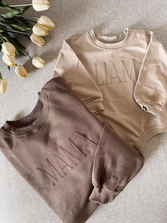 Personalized Matching Puff Vinyl Apparel / Crewneck, Bubble Romper, Mama, Dada, Mini, Grandma, Auntie, Custom, Neutral, Sleeve Customization