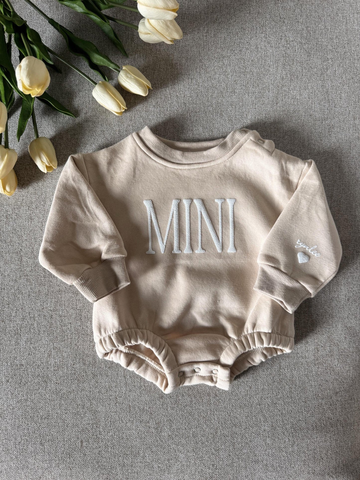 Personalized Mini Puff Vinyl Apparel / Crewneck, Bubble Romper, White and Brown, Mama, Mini, Custom, Neutral, Sleeve Customization, New Baby Gift, Match