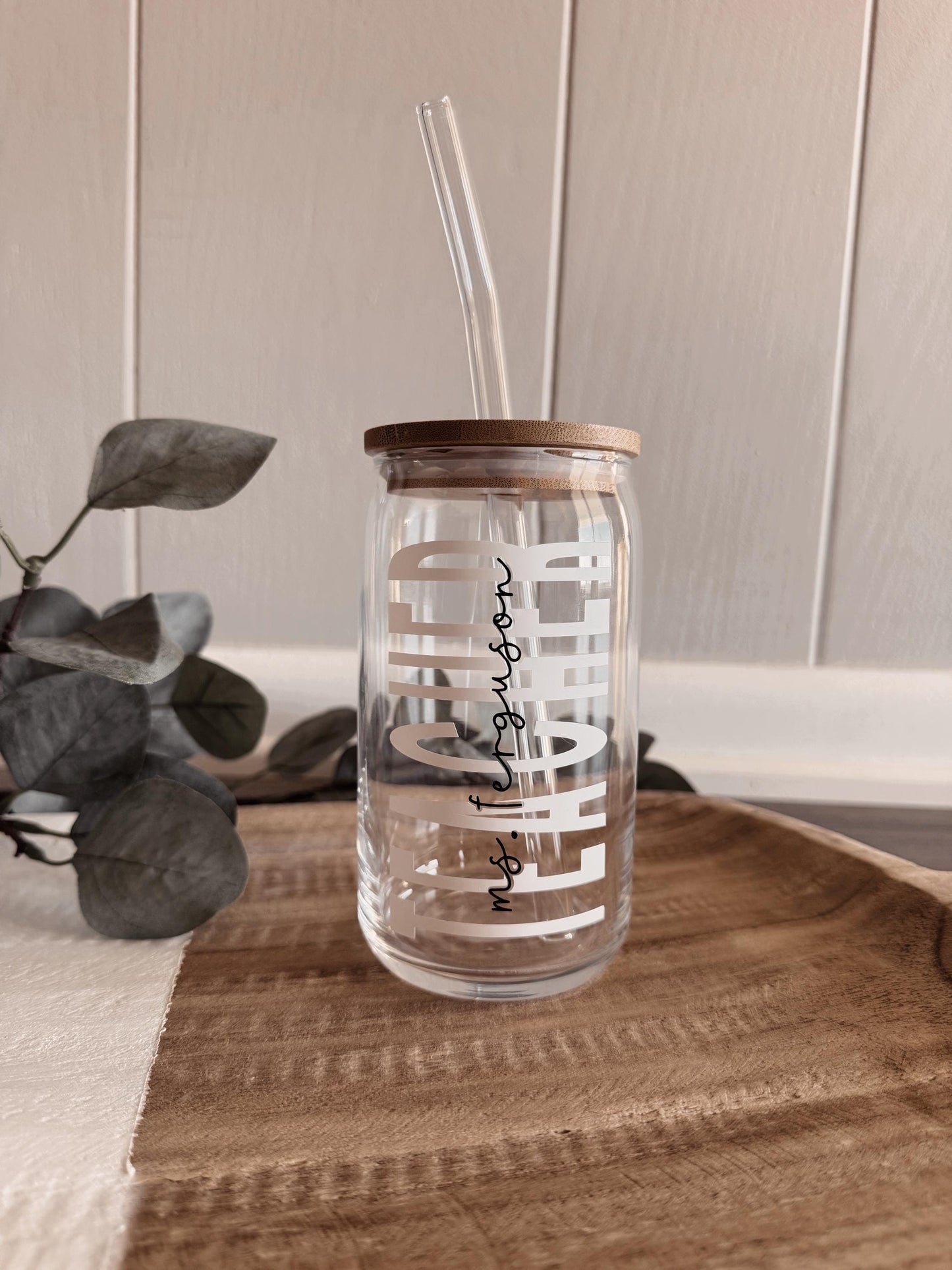 Personalized Mason Jar Coffee Cup: Teacher Gift, Glass Straw & Bamboo Lid