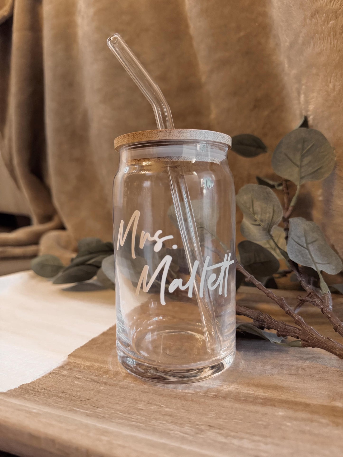 Personalized Mason Jar Coffee Cup 16oz / Newly Weds: Glass Straw & Bamboo Lid