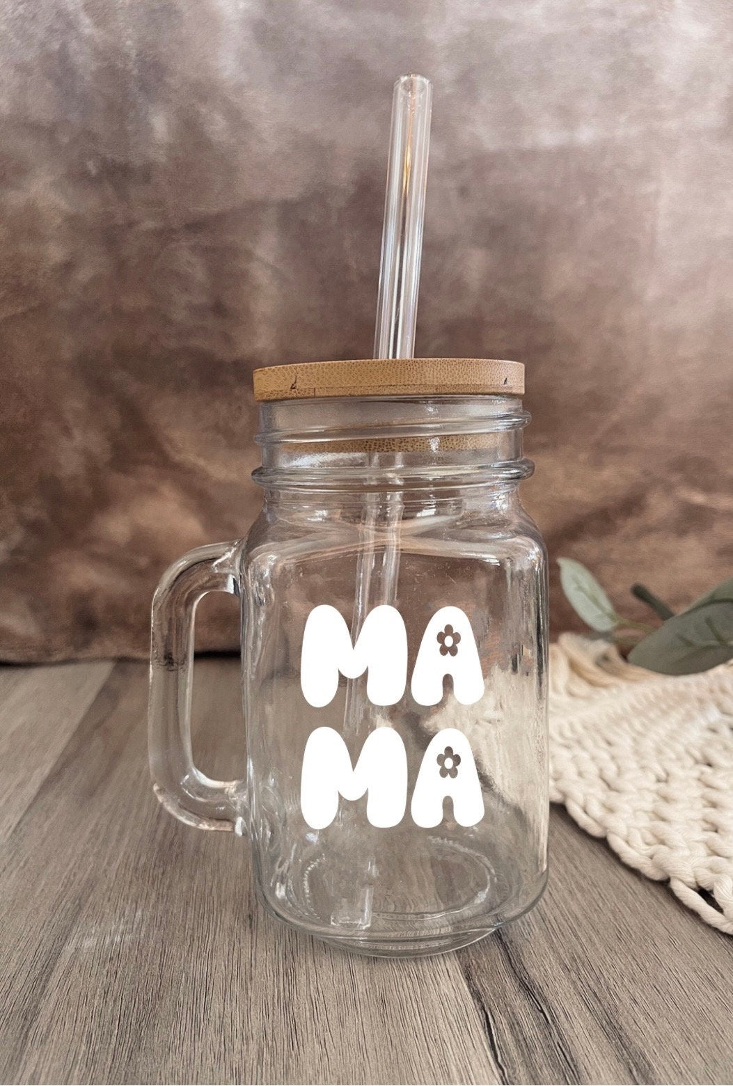 Personalized Mama Mason Jar: Glass Straw & Bamboo Lid