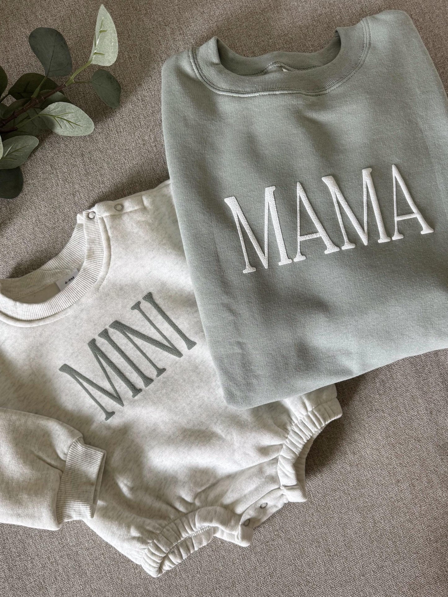 Personalized Mommy and Me Matching Puff Vinyl Apparel / Crewneck, Bubble Romper, Mama, Mini, Custom, Neutral, Sleeve Customization