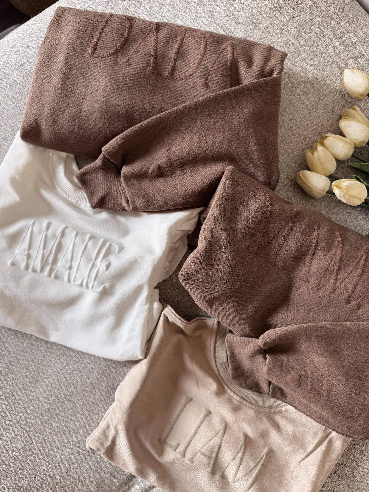 Personalized Matching Puff Family Set / Crewneck,  Romper, Mama, Dada, Mini, Grandma, Auntie, Custom, Neutral, Sleeve Customization