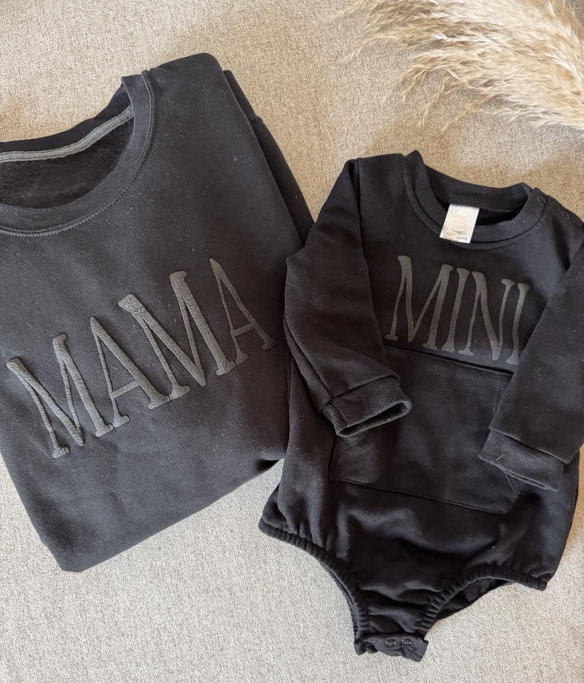 Personalized Mommy and Me Matching Puff Vinyl Apparel / Crewneck, Bubble Romper, Mama, Mini, Custom, Neutral, Sleeve Customization