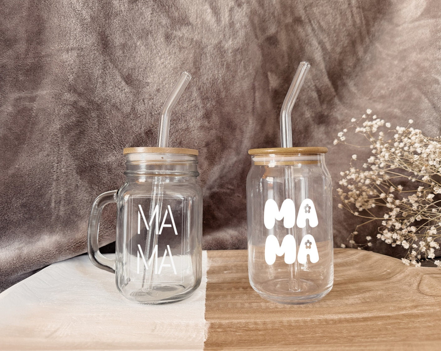 Personalized Mama Mason Jar: Glass Straw & Bamboo Lid