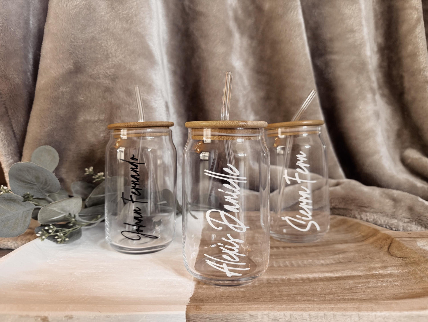 Personalized Mason Jar Coffee Cup / Simple Name: Glass Straw & Bamboo Lid