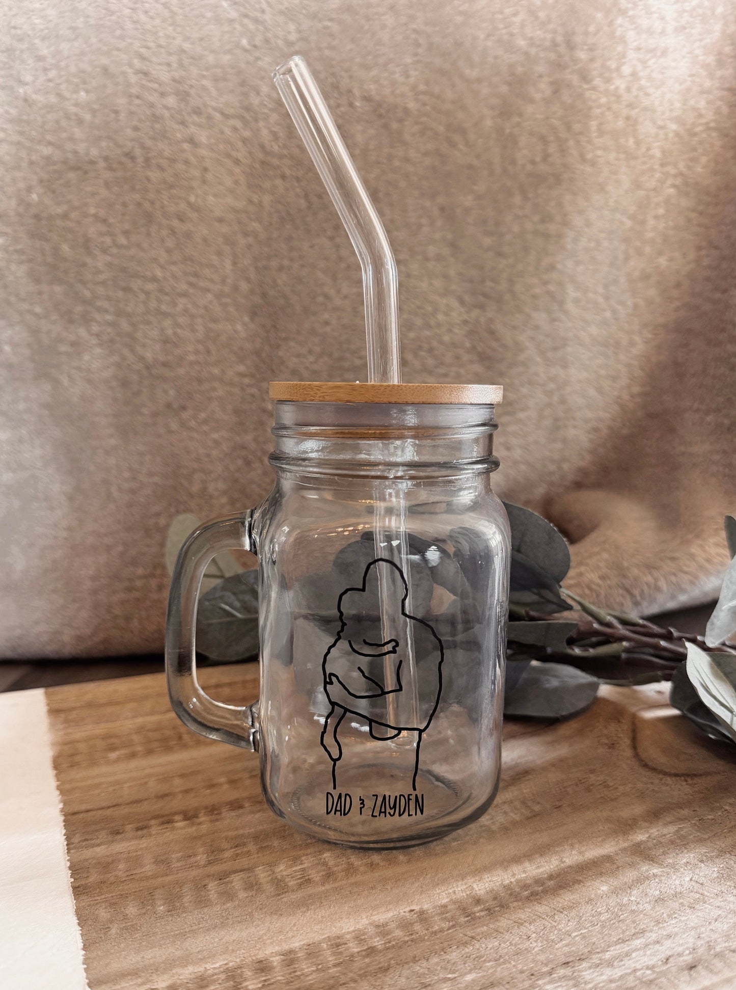 Personalized Silhouette Mason Jar: Glass Straw & Bamboo Lid