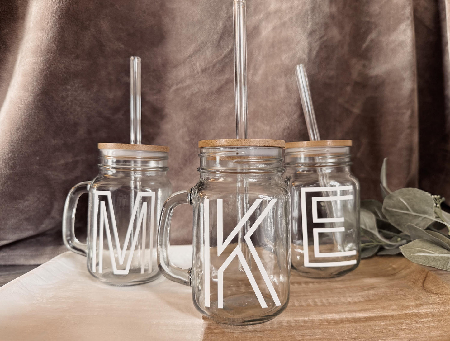 Personalized Bridesmaid Mason Jar: Bamboo Lid & Glass Straw