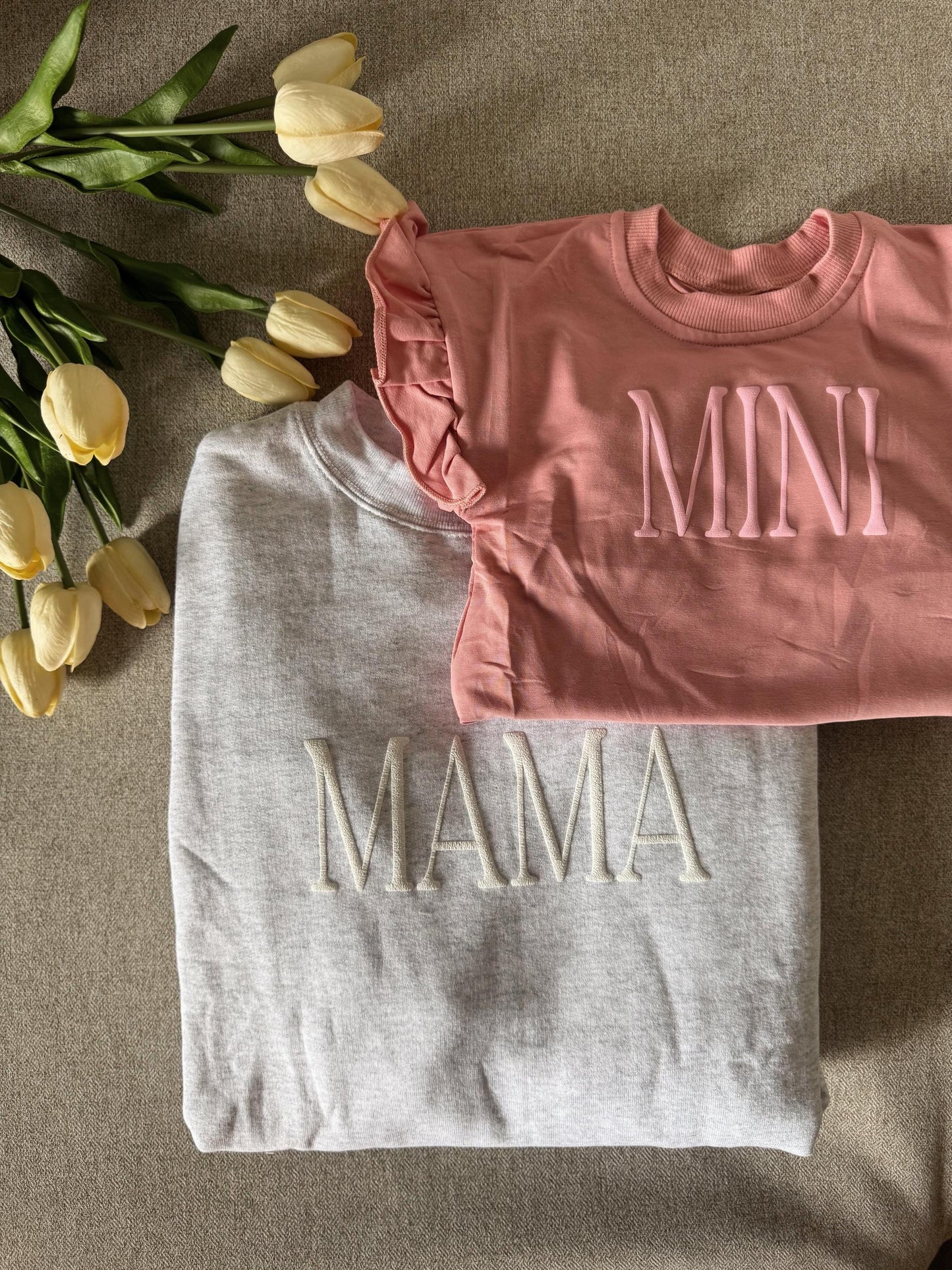 Personalized Mommy and Me Matching Puff Vinyl Apparel / Crewneck, Bubble Romper, Mama, Mini, Custom, Neutral, Sleeve Customization