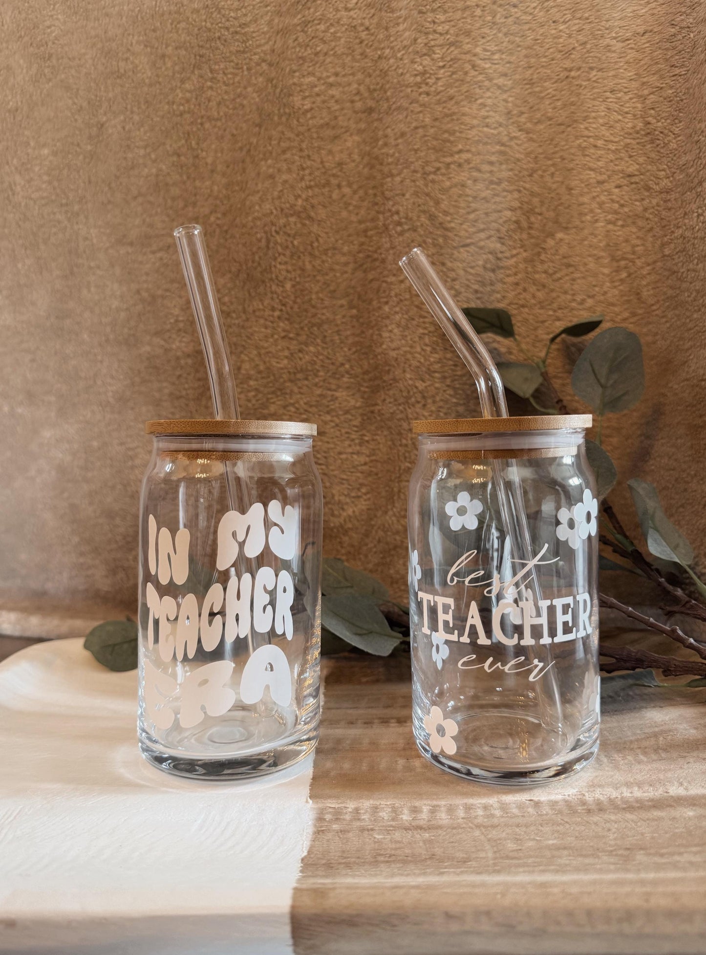 Personalized Mason Jar Coffee Cup: Teacher Gift, Glass Straw & Bamboo Lid